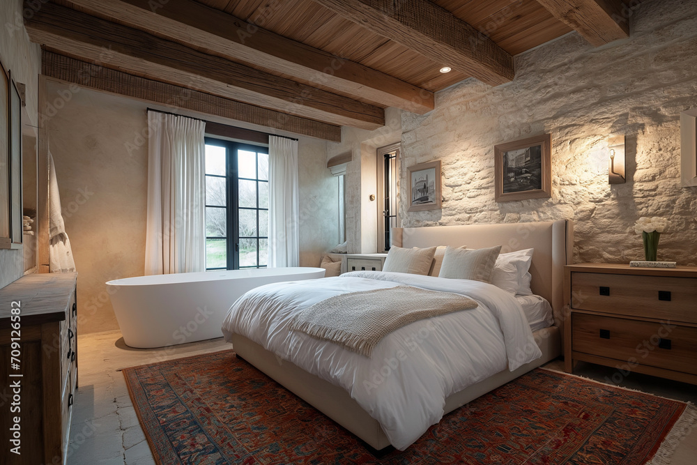 Embracing French Country Interior Design in a Modern Bedroom Set Within a Farmhouse