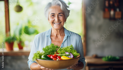 Aged woman smiling happily and holding a healthy vegetable salad bowl on blurred kitchen background  with copy space