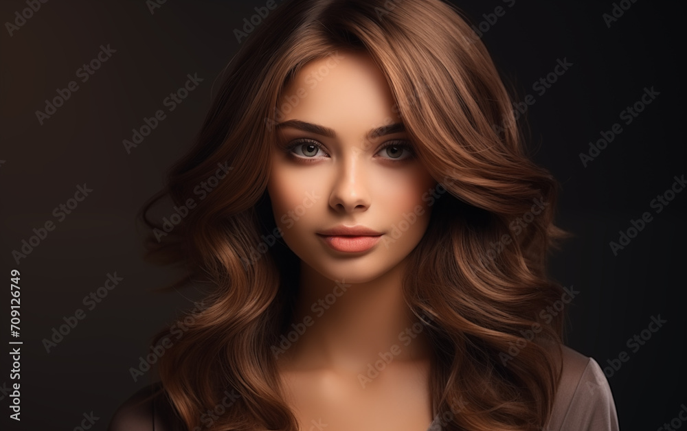 Fototapeta premium Beautiful female with long and shiny wavy hair on a brown background. 