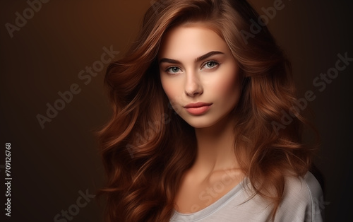 Beautiful female with long and shiny wavy hair on a brown background. 