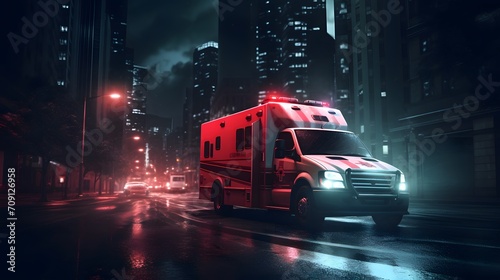 a medical emergency ambulance car driving with red lights on through the city on a road in the night. © Ziyan Yang