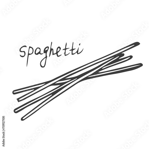Italian spaghetti pasta in black outlines doodle style, vector illustration isolated on white background.
