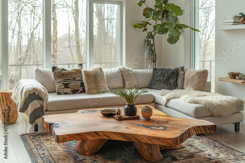 A Live Edge Coffee Table Enhancing the Space Near a Corner Sofa - Embracing Ethnic Influences in the Modern Living Room's Boho Interior Desig photo