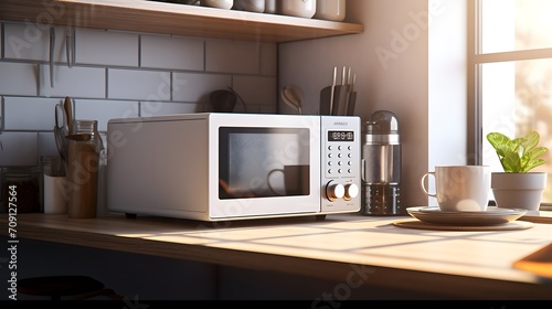 a modern white and black microwave in a house kitchen on the kitchen table. image used for an ad.