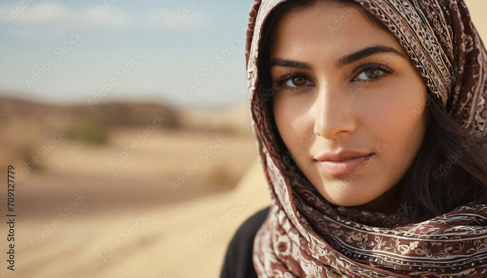 Majestic Middle Eastern Woman in Desert: Long Straight Hair, Headscarf, Smiling Subtly