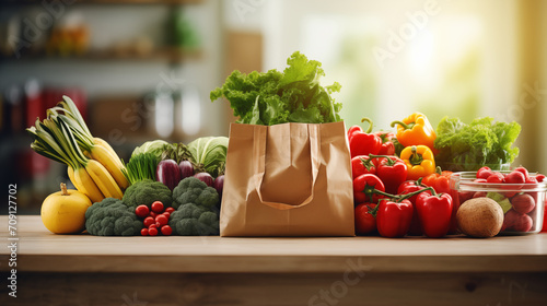 Paper bags full of healthy food on the kitchen table photo