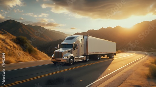 a white cargo truck with a white blank empty trailer for ad on a highway road in the united states. beautiful nature mountains and sky. golden hour sunset. driving in motion.  