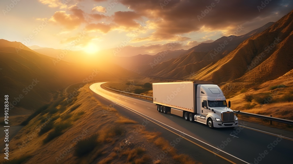 a white cargo truck with a white blank empty trailer for ad on a highway road in the united states. beautiful nature mountains and sky. golden hour sunset. driving in motion. 
