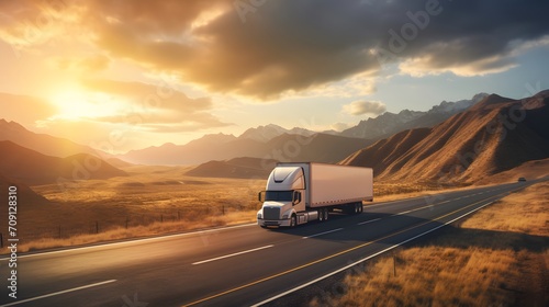 a white cargo truck with a white blank empty trailer for ad on a highway road in the united states. beautiful nature mountains and sky. golden hour sunset. driving in motion.   © Ziyan Yang