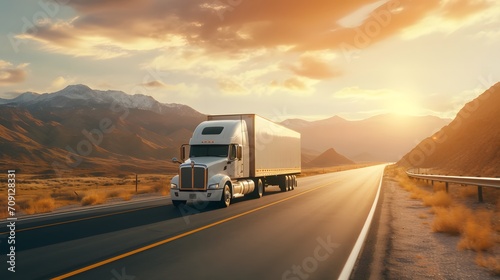 a white cargo truck with a white blank empty trailer for ad on a highway road in the united states. beautiful nature mountains and sky. golden hour sunset. driving in motion.  