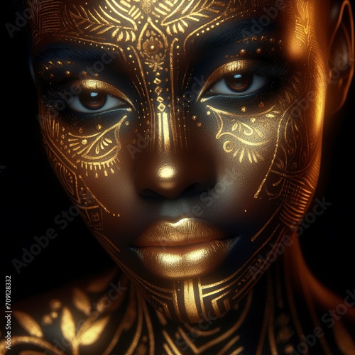 A woman with gold and black paint on her face © Denis