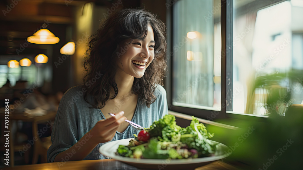 Healthy Lifestyle: Woman Eating Vibrant Salad