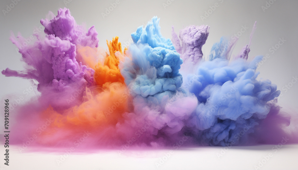 Fototapeta premium Generate fluffy, cloud like formations of colorful powder in the frame, giving the appearance of soft and billowy clouds against a pristine white background.