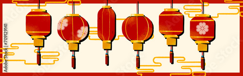 Chinese New Year header with red lanterns and light gold background