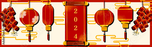Happy Chinese New Year 2024 header with a red banner , red lanterns, and fire crackers