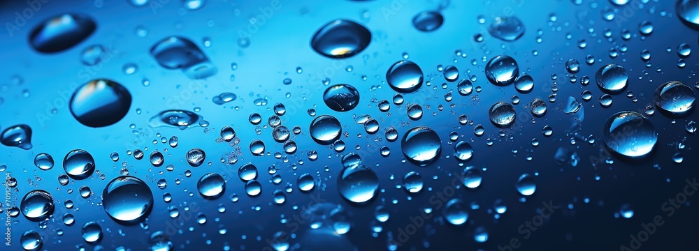 Shiny water droplets on blue Background With blur effect behind it. generative AI