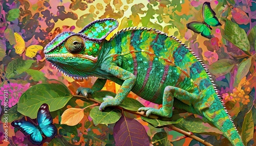 chameleon on colourful leaves