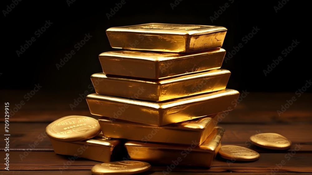 Gold bars stacked on a desk - Wealth and investment concept Gold bars stacked on a desk - Wealth and investment concept