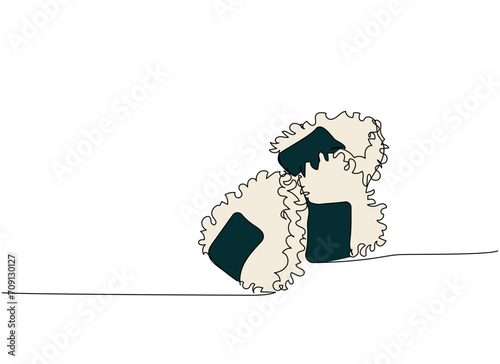 Sushi, Onigiri, Japanese Rice Balls one line art. Continuous line drawing of sushi, japanese, food, roll, culture, tasty, restaurant, japan, asian, sea, menu