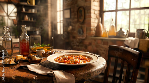 Pasta e fagioli is classic Italian soup. made from pasta and beans and it consists of tiny pasta, creamy beans and tender vegetables in fragrant tomato broth on an old table in trattoria, lunch time