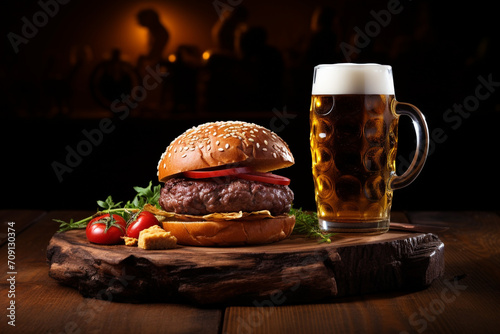 glass of fresh beer with beef burger on wooden table