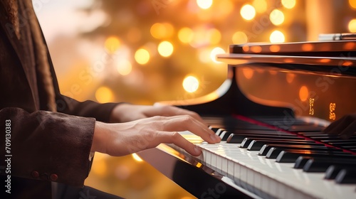 closeup photo of male hands of a person playing the piano pressing the keys. bokeh lights in the background. outside in the nature playing music instrument. 