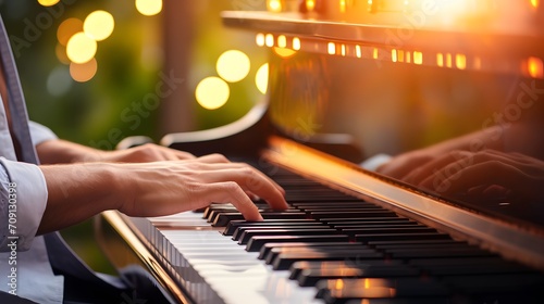 closeup photo of male hands of a person playing the piano pressing the keys. bokeh lights in the background. outside in the nature playing music instrument. 