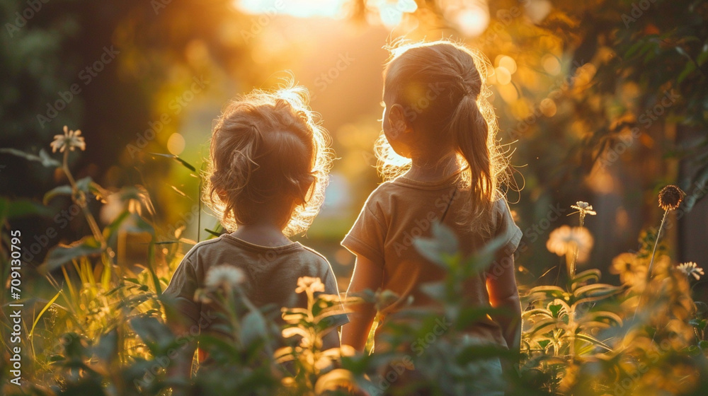 Sommerliche Freuden: Zwei Kinder erkunden die Natur - obrazy, fototapety, plakaty 