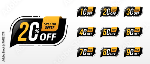 Sale tags set vector badges template, up to 10, 20, 30, 40, 50, 60, 70, 80, 90 percent off. ready for use in advertising design, web and print design, discount banners or stickers.