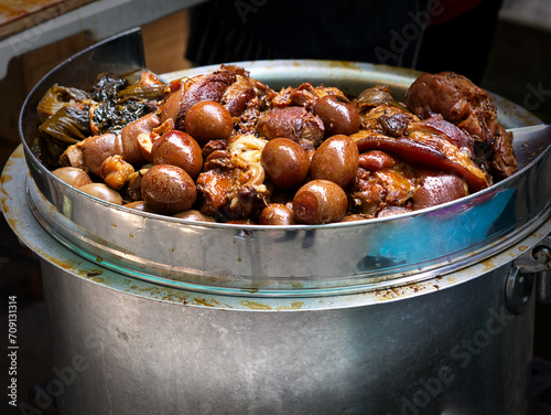 Traditional Street Food in Thailand - Stewed Pork Legs with Boiled Eggs