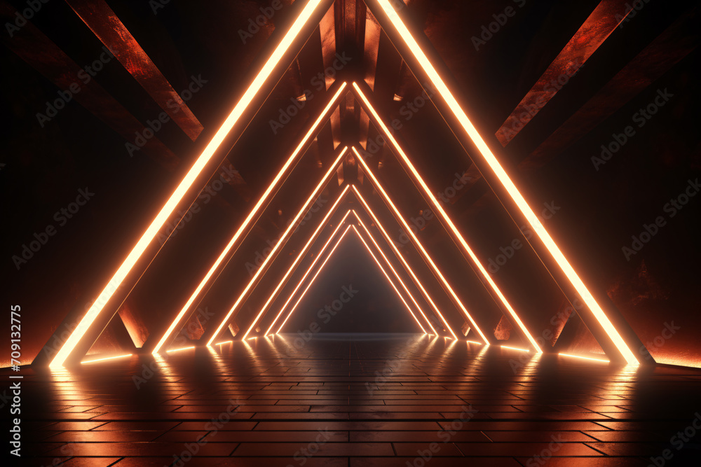 Neon light abstract background. Triangle tunnel or corridor sepia colors neon glowing lights. Laser lines and LED technology create glow in dark room. Cyber club neon light stage room.