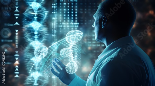 Double exposure DNA of Medicine doctor touching DNA virtual hologram interface or Digital healthcare check with analysis chromosome genetic of human.5G technology of Futuristic Medical science concept