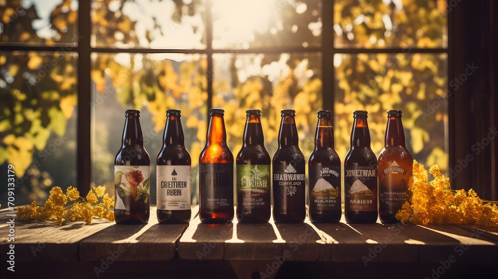 line of craft beer bottles on a rustic wooden surface, warmly lit by sunlight, with fresh hops in the foreground, suggesting a selection of fine ales ready for tasting - obrazy, fototapety, plakaty 