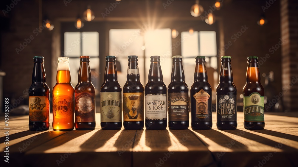 line of craft beer bottles on a rustic wooden surface, warmly lit by sunlight, with fresh hops in the foreground, suggesting a selection of fine ales ready for tasting - obrazy, fototapety, plakaty 