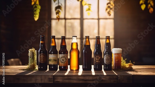 line of craft beer bottles on a rustic wooden surface, warmly lit by sunlight, with fresh hops in the foreground, suggesting a selection of fine ales ready for tasting
