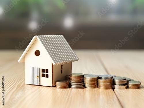 pile of coins and house model on the table. Financial safety and investment concept.