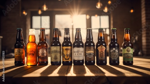 line of craft beer bottles on a rustic wooden surface, warmly lit by sunlight, with fresh hops in the foreground, suggesting a selection of fine ales ready for tasting photo