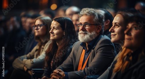 A diverse group of individuals, donning their best clothing and glasses, sit together in an outdoor event, their faces lit up with smiles, united as humans in a joyful crowd