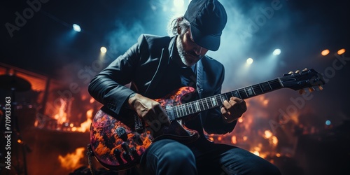 A skilled guitarist strums his beloved instrument on stage, captivating the audience with his passionate music and stylish clothing © familymedia