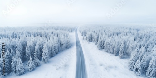 Aerial drone view of empty snowy winter road