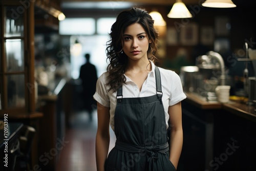 A fashion-forward woman stands confidently in her kitchen, wearing a stylish dress and surrounded by the comforting familiarity of indoor walls photo
