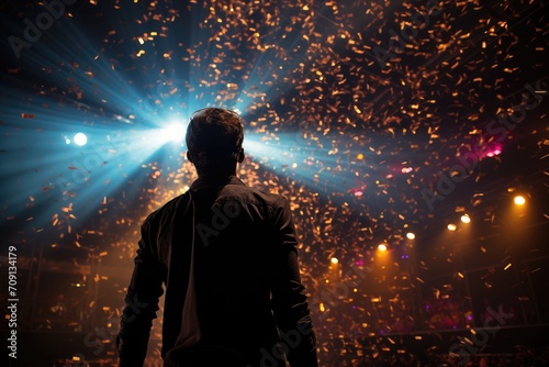 A man stands in awe before a burst of fireworks, his clothing silhouetted against the darkness as a lens flare illuminates his face, creating a captivating outdoor scene on a magical night