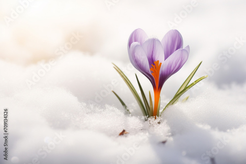 Crocus flower blooming in snow, first spring flower. Close up macro view. Generative AI © marcin jucha