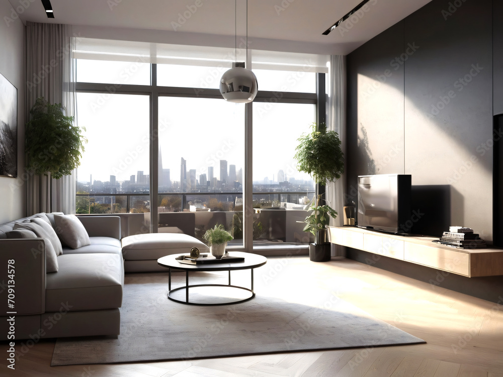 Fototapeta premium Minimalist interior design of modern living room with chair, sofa cushions, coffee table. Generative AI