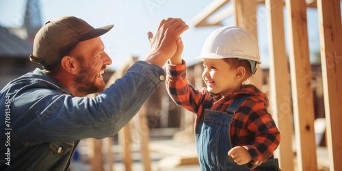 Father with toddler son building wooden house photo