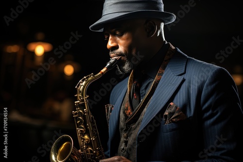 A stylish saxophonist serenades the crowd with his soulful music, donning a fedora and exuding confidence as he effortlessly plays his brass instrument