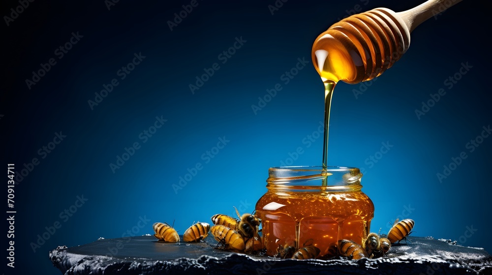 Pouring honey in jar and honeycomb on blue table. - obrazy, fototapety, plakaty 