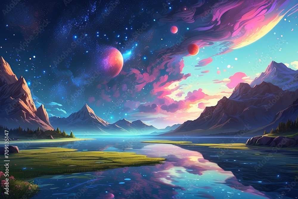 Mountains lake and inspiring, fantastic space sky