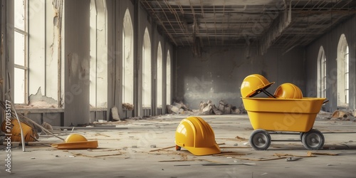 Yellow hard hats and a small cart on the concrete