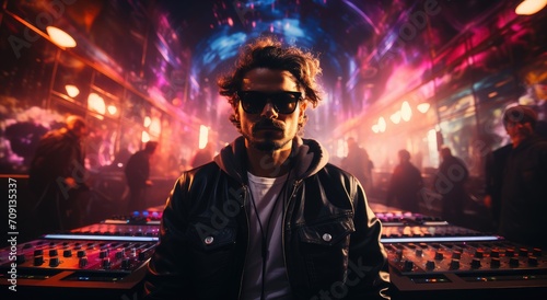 A stylish man in sunglasses and a black jacket stands in front of a crowd, his face illuminated by the colorful lights of the concert as he spins music as a talented disc jockey and artist, connectin